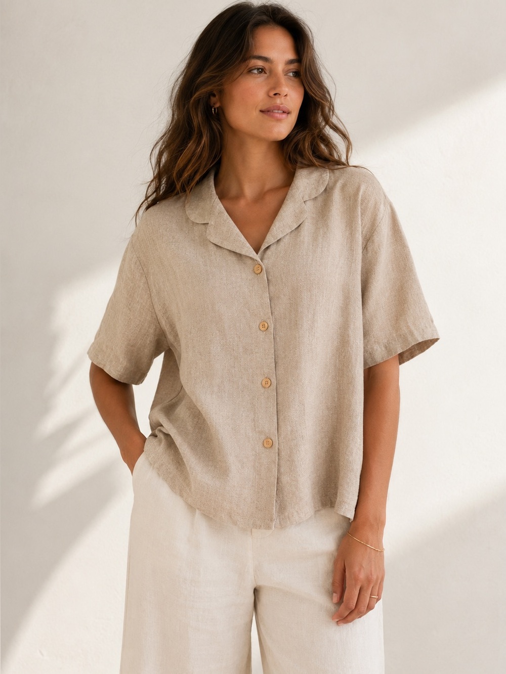 Vintage FLAX 100% Linen Button Front Shirt M Made in Lithuania Natural Beige